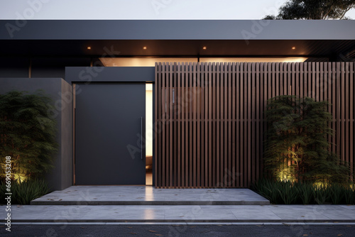 Suburb home grey brown dark metal aluminum gate slats portal access house door