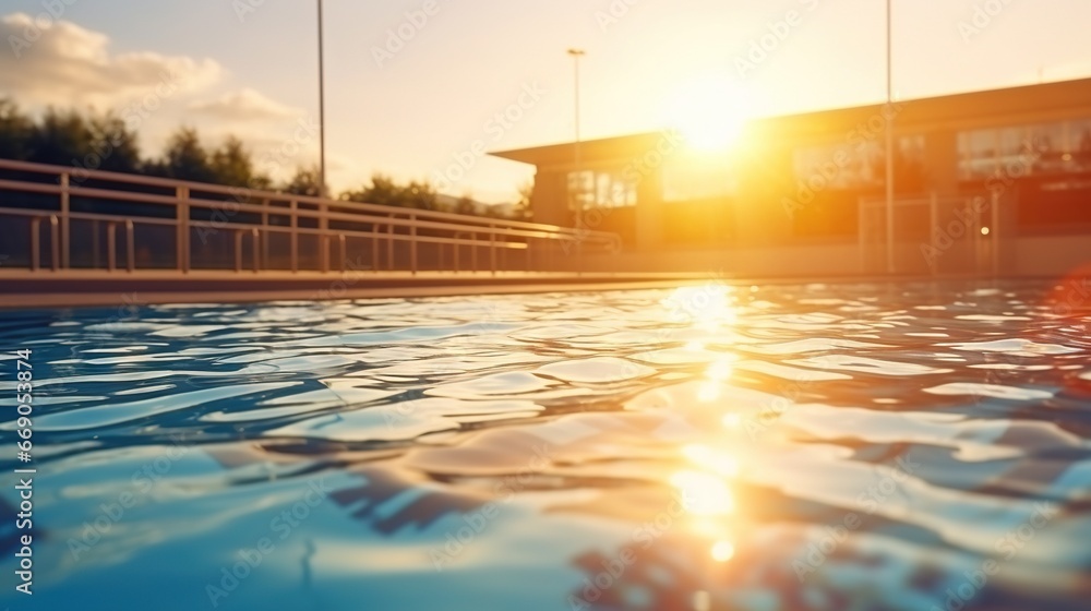 Calm water surface in the empty swimming pool of the sports center, sunrise. Generative AI