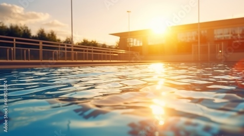 Calm water surface in the empty swimming pool of the sports center, sunrise. Generative AI © AngrySun