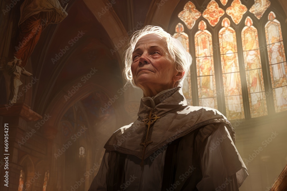 Naklejka premium Dedicated Bishop senior woman church. Christ prayer. Generate AI