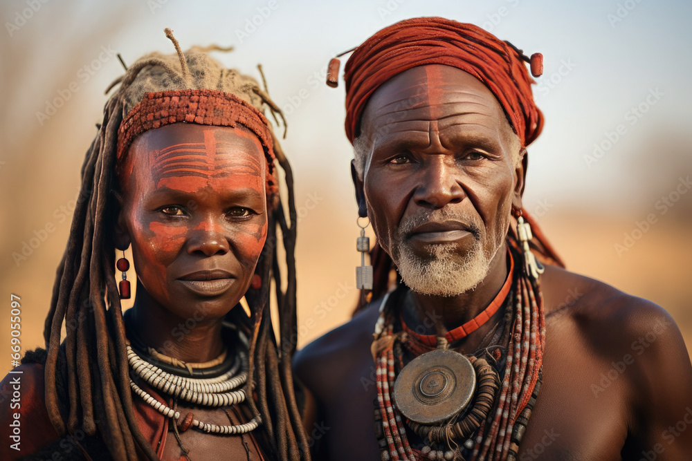 Outdoor portrait of  senior Himba couple. AI generative art