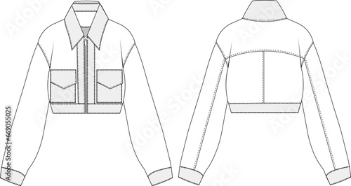 long sleeve collared zippered leather, denim, jean, jacket, technical, drawing, flat, sketch, template, fashion, woman, man