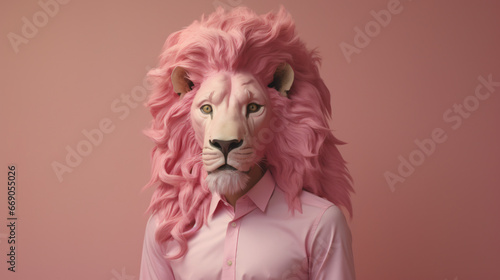 Contemporary art college man in the form of a pink lion