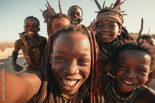 Group of Himba tribe kids taking selfie. AI generative art © Drpixel