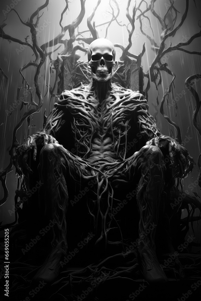 Fototapeta premium A Monochromatic Poster Illustration Depicting the Menacing Interplay of an Evil Demon, Ghost, and the Inevitability of Death - Generative AI