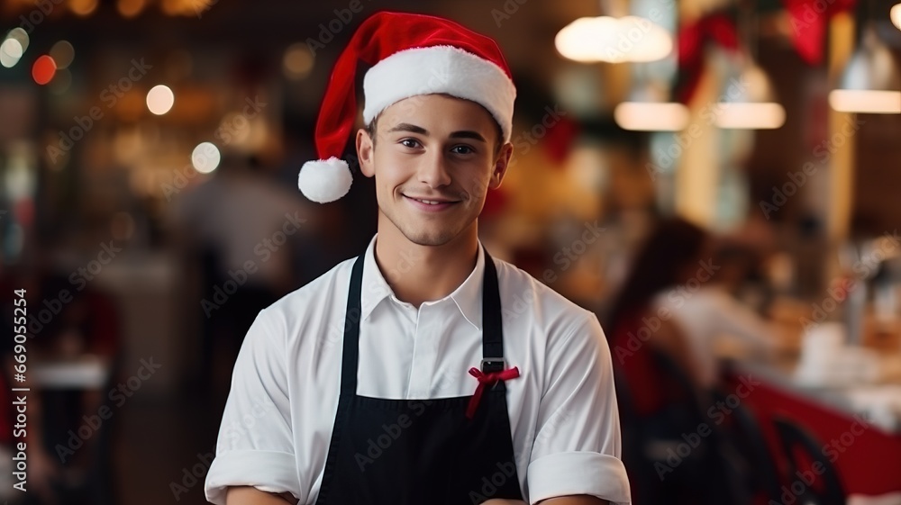 Portrait of charming young a waitress wearing Santa hat smiling and looking at camera merry x-mas at the coffee shop. AI.