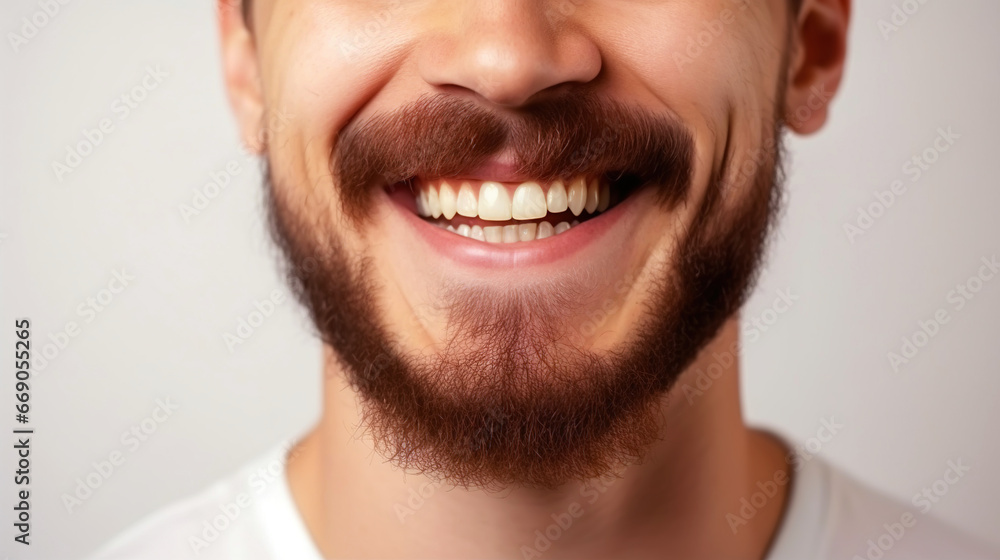 Closeup of beautiful smile of young bearded man with healthy white teeth. Healthcare concept. Generative AI Closeup of beautiful smile of young bearded man with healthy white teeth. Healthcare concept. Generative AI