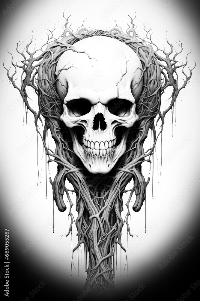 Fototapeta premium A Monochromatic Poster Illustration Depicting the Menacing Interplay of an Evil Demon, Ghost, and the Inevitability of Death - Generative AI