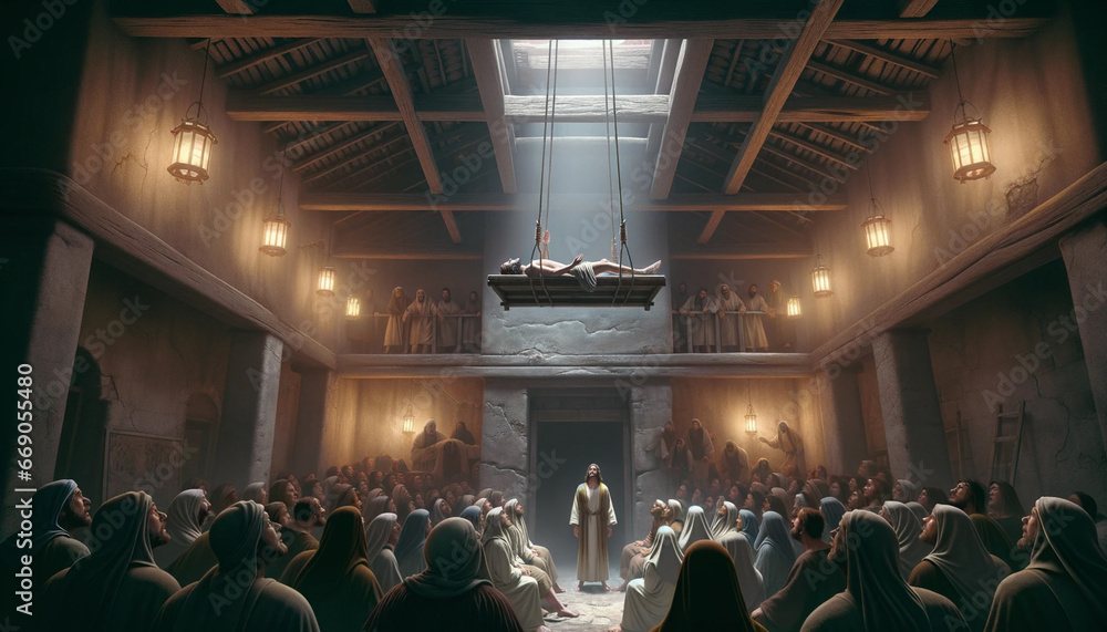 The Capernaum Miracle in the Bible: Jesus Christ heals a paralysed man who was lowered down through an opening in the roof. - obrazy, fototapety, plakaty 
