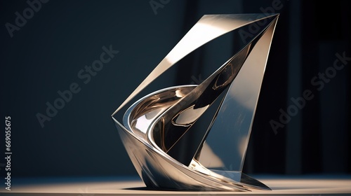 Decorative metal sculpture, polished steel plinth futuristic abstract metal sculpture, created with Generative AI technology.