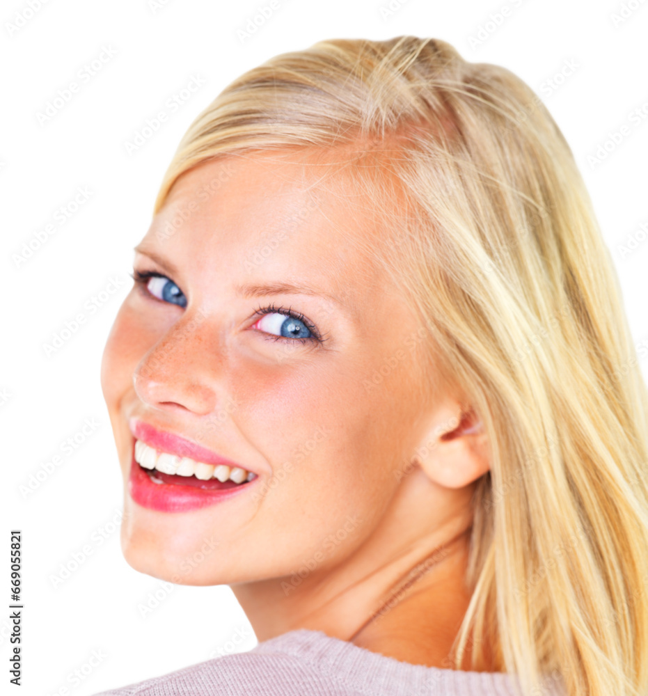Portrait, woman and happy with glow for skincare, facial treatment and natural beauty in studio on mock up space. Face, person and smile for cosmetic, wellness and self care on white background Portrait, woman and happy with glow for skincare, facial treatment and natural beauty in studio on mock up space. Face, person and smile for cosmetic, wellness and self care on white background