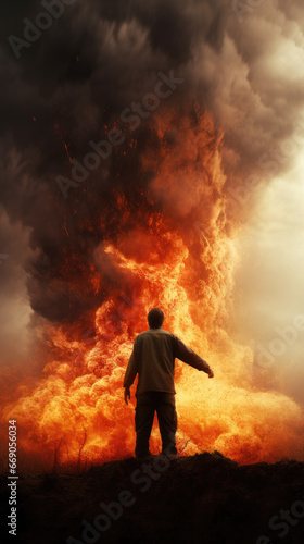 silhouette of a man on yellow firestorm