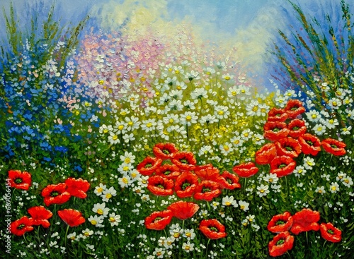 Oil paintings rural landscape, flowers in the field