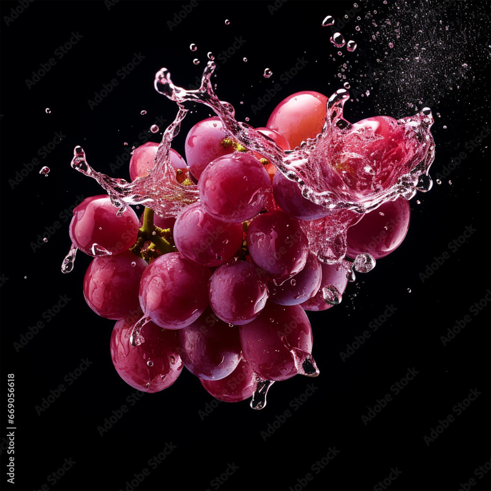 Bunch of purple grapes in water splash on isolated background - ai generative Bunch of purple grapes in water splash on isolated background - ai generative