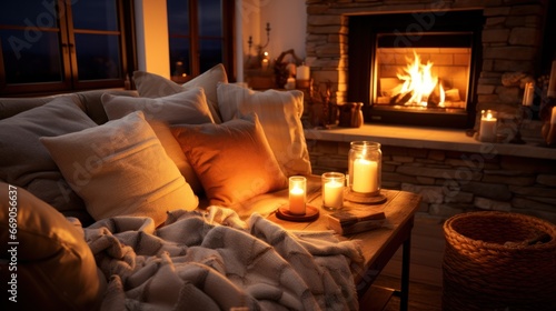 A warm - toned shot of a cozy living room