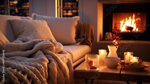 A warm - toned shot of a cozy living room