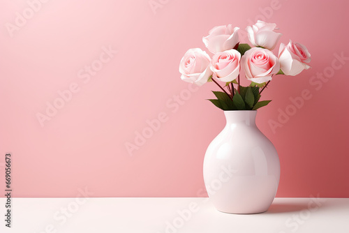 white vase with pink roses on the pink background