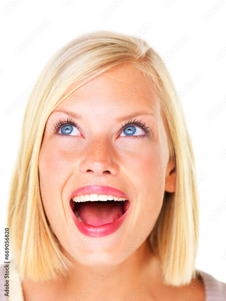 Woman, face and wow with smile for surprise, announcement and notification in studio on white background. Person, lady and shocked for winner, discount or fashion deal with success and achievement Woman, face and wow with smile for surprise, announcement and notification in studio on white background. Person, lady and shocked for winner, discount or fashion deal with success and achievement