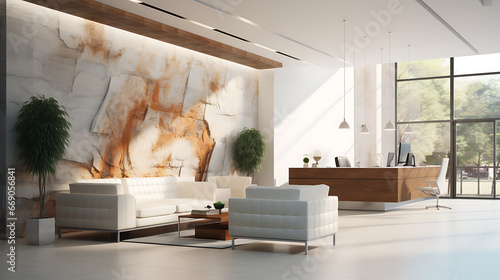 A huge office has beautiful white stone cover the wall and has big reception cover with metal, behind the reception has an beautiful oil painting on the wall, the light is warm, beautiful stone one gr