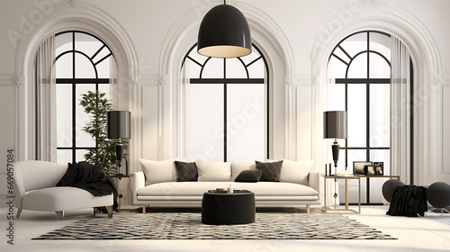 The black and white lounging area with table and floor lamp, in the style of neo - classicist symmetry, light black and beige, arched doorways, minimalist textiles, subtle details, streamline elegance photo