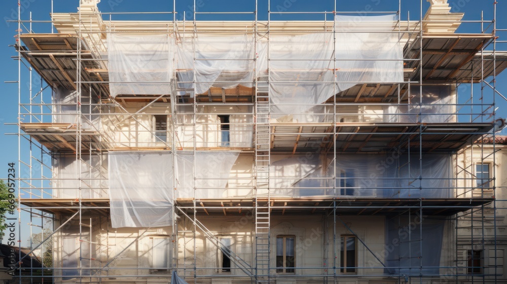 Scaffolding on the facade of a multi - storey building during the repair, reconstruction Scaffolding on the facade of a multi - storey building during the repair, reconstruction