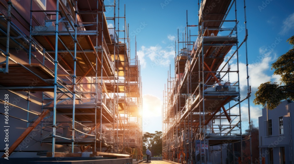 Scaffolding on the facade of a multi - storey building during the repair, reconstruction