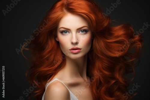 a close-up studio fashion portrait of a face of a young redhead woman with perfect skin, red hair and immaculate make-up. Skin beauty and hormonal female health concept © Romana