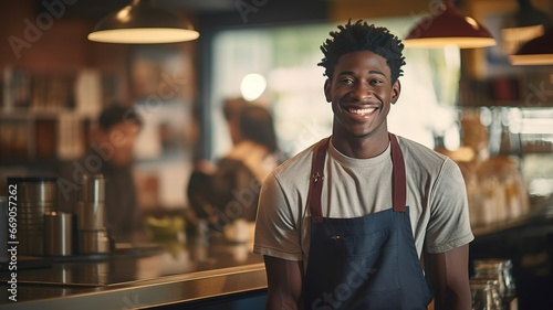 portrait of a cafe worker of a handsome African American guy barista smiling at the camera while standing at the counter. Happy young man in an apron . waiter working. background AI