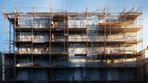 Scaffolding on the facade of a multi - storey building during the repair, reconstruction
