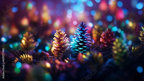 Group of pine cones, illuminated with pride colors at a Christmas party