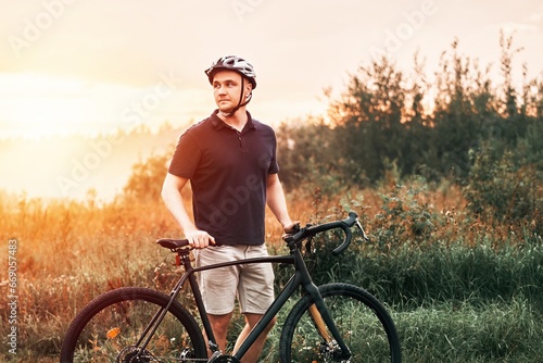 Thrilling Gravel Ride. Man in Action on a Bicycle. Outdoor Adventure. Cyclist Enjoying a Gravel Bike Ride in Nature