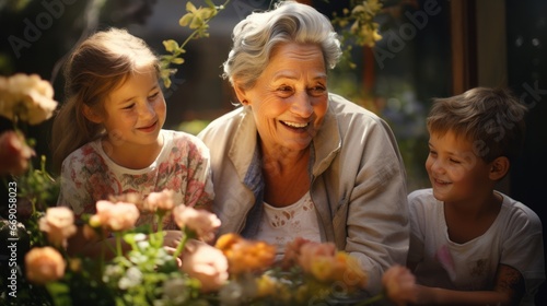Happy old grandmother spends free time with family with grandchildren in the garden.