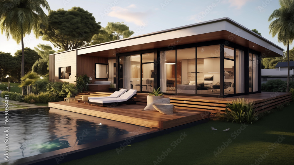 Modern villa, with an open living area, and a private bedroom wing that includes a small terrace for relaxation. Designed with the aid of Generative AI.