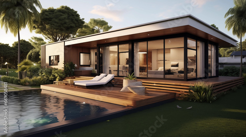 Modern villa, with an open living area, and a private bedroom wing that includes a small terrace for relaxation. Designed with the aid of Generative AI. © Павло Василюк