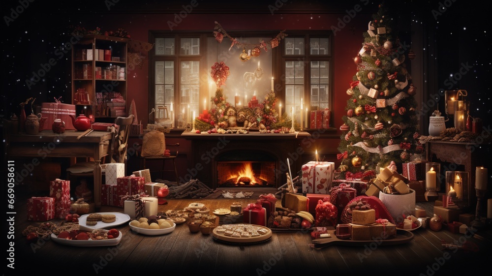 Beautiful Christmas interior of a room with full of warmy mood and gift boxes