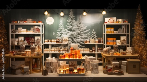 Shelves of a Christmas shop full of products