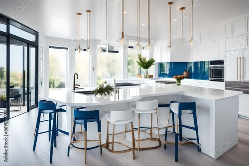 blue modern kitchen interior with tables