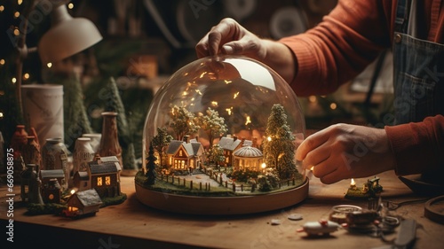 A magical snow globe with a cozy house and real life inside