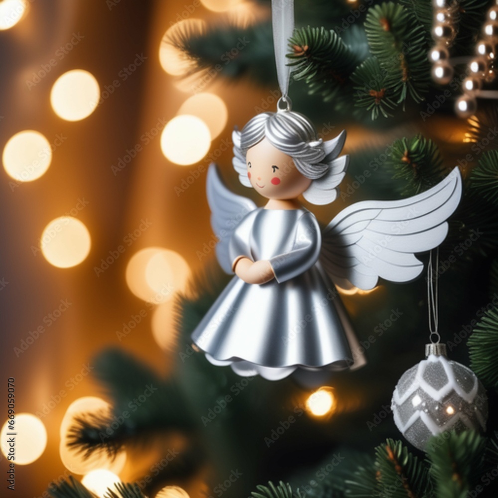 Handmade Christmas toy cute little angel close-up. In the background are elements of cozy holiday decor.
Handmade Christmas toy cute little angel close-up. In the background are elements of cozy holiday decor.
