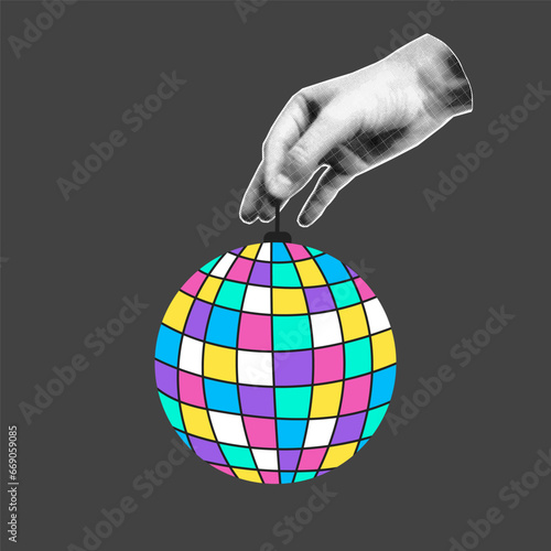 Halftone collage banner, hand holding disco ball drawn in flat style on gray background. Cut out element, pop art illustration.