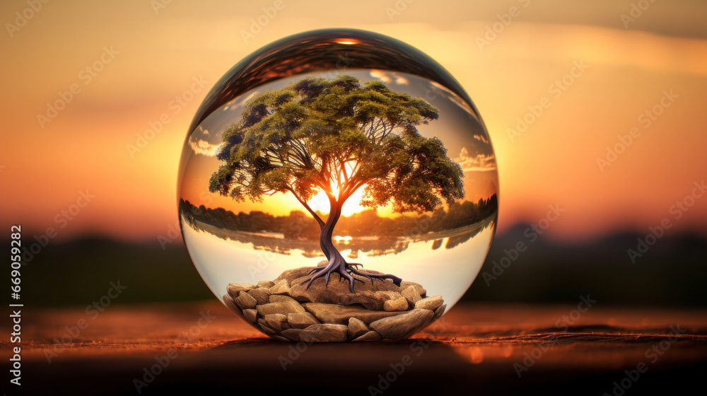 Crystal ball with tree inside. Bonsai concept Crystal ball with tree inside. Bonsai concept