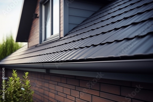 Roof gutter black and downpipe on a new tiled roof home facade