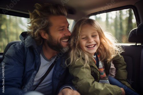 A man and a little girl are smiling in the back seat of a car