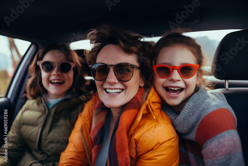 A woman and two children wearing sunglasses are smiling in the back seat of a car © MagnusCort
