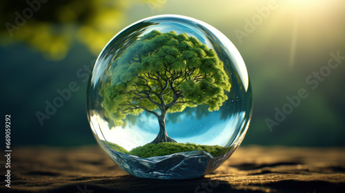 Crystal ball with tree inside. Bonsai concept