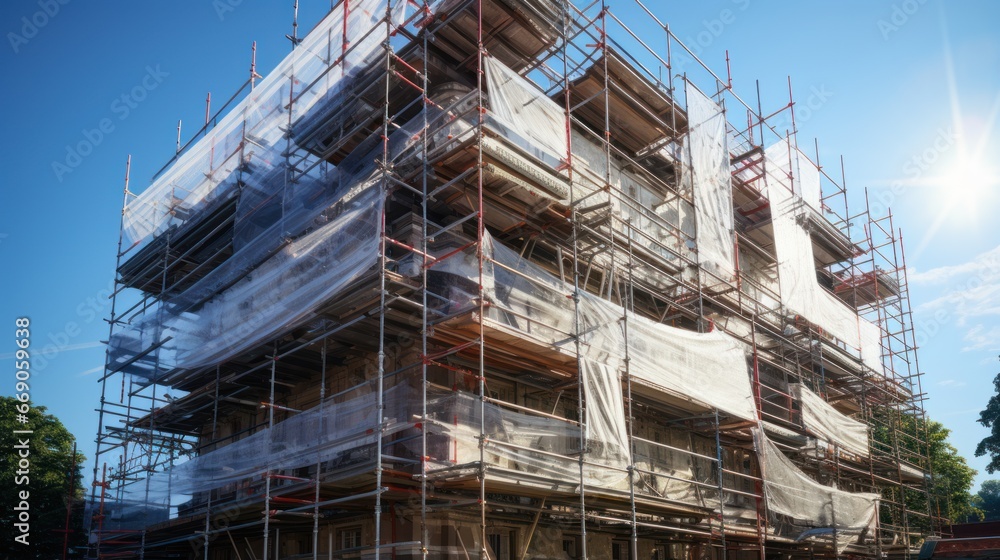 scaffolding on the façade of a multi - storey building during repair, reconstruction,