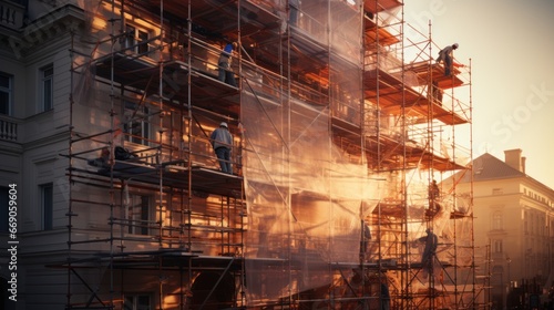 scaffolding on the façade of a multi - storey building during repair, reconstruction,