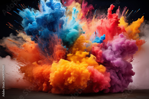 Dramatic explosion, erupting into a mesmerizing burst of vibrant, colorful smoke, a display of dynamic energy and vivid artistry © DigiArtStudio
