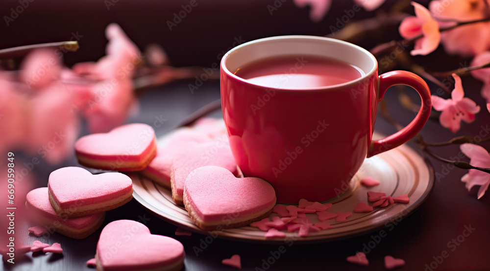 Pink Coffee And Cookies Happy Valentine's Background Pink Coffee And Cookies Happy Valentine's Background