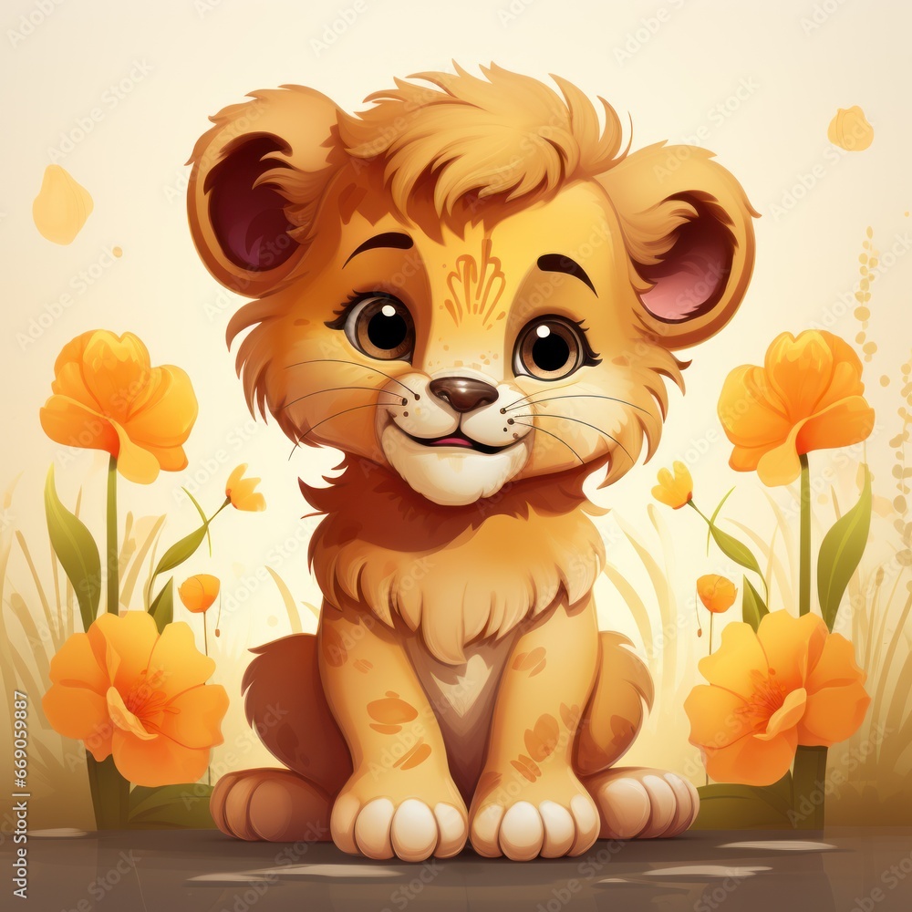 Obraz premium Vector art of cute lion white background